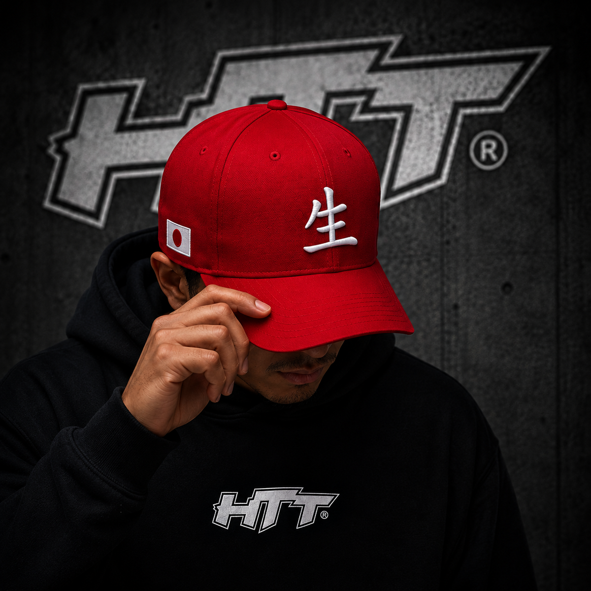 Gorra HTT Japanese Life Symbol Cap rood – prenda urbana destacada en la parte delantera con el símbolo 生