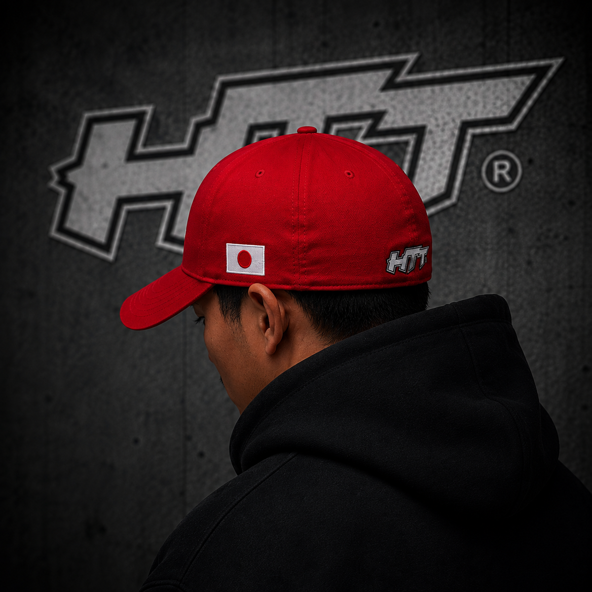HTT Japanese Life Symbol Cap rood – streetwear-helder zij- en achterkant met Japanse vlag en HTT-logo