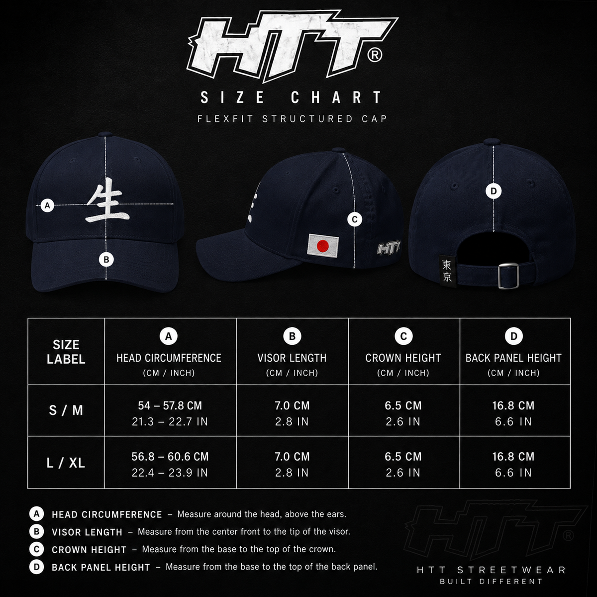 Tabla de tallas de la gorra con símbolo de la vida japonesa HTT – gorra estructurada Flexfit, tallas S/M y L/XL