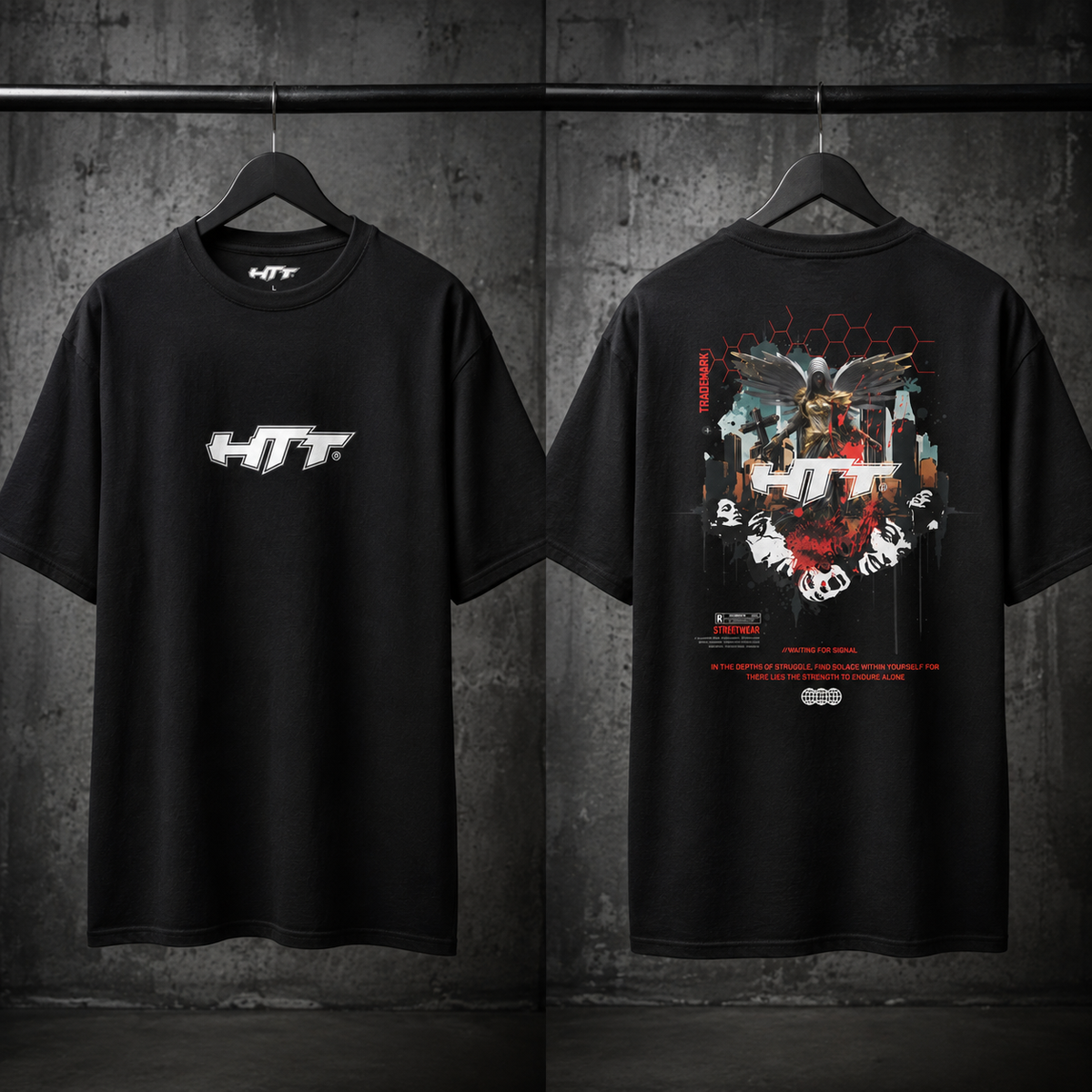 HTT Judgement T-Shirt front and back on hanger - black streetwear shirt