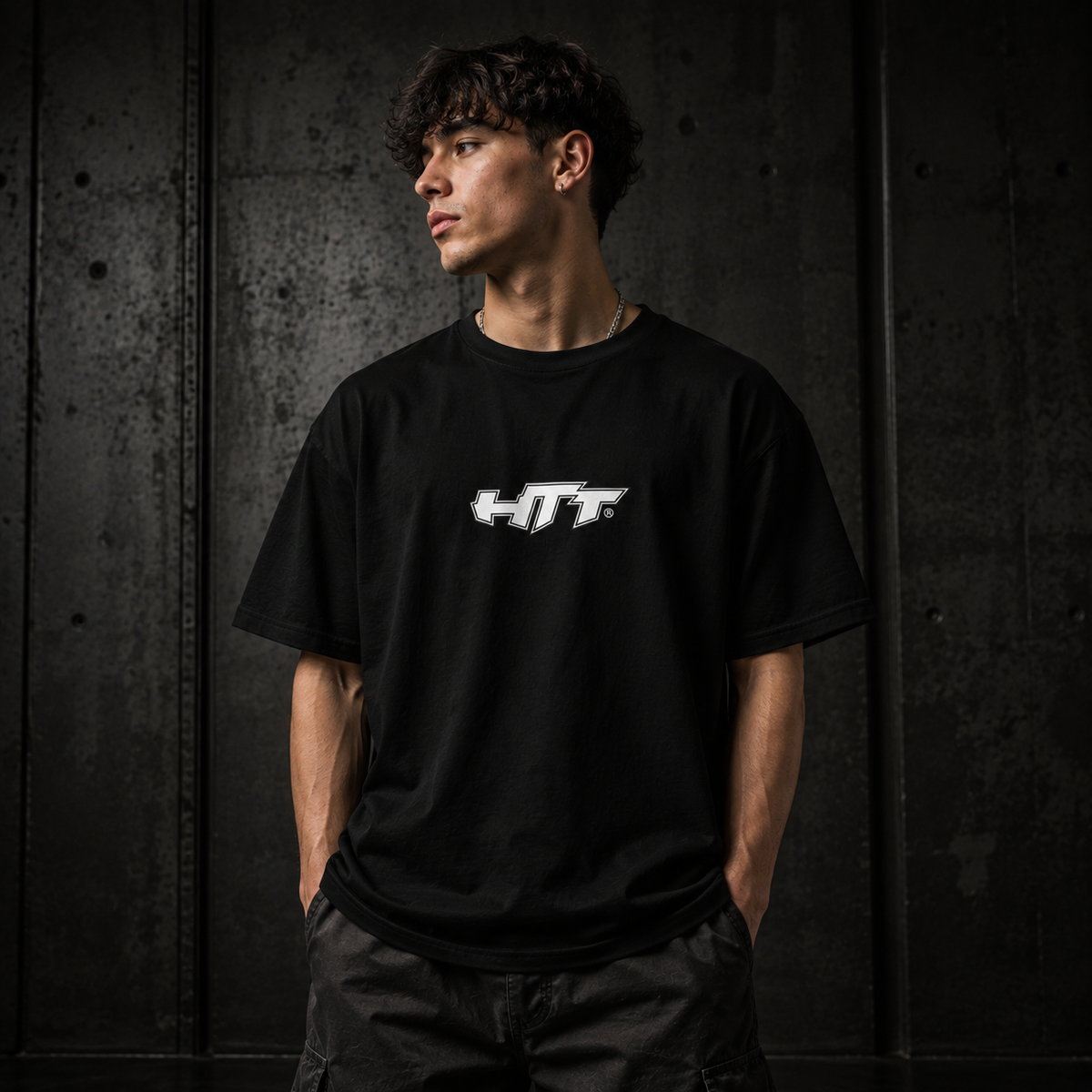 HTT Judgement black T-Shirt front logo on male model - HTT Streetwear