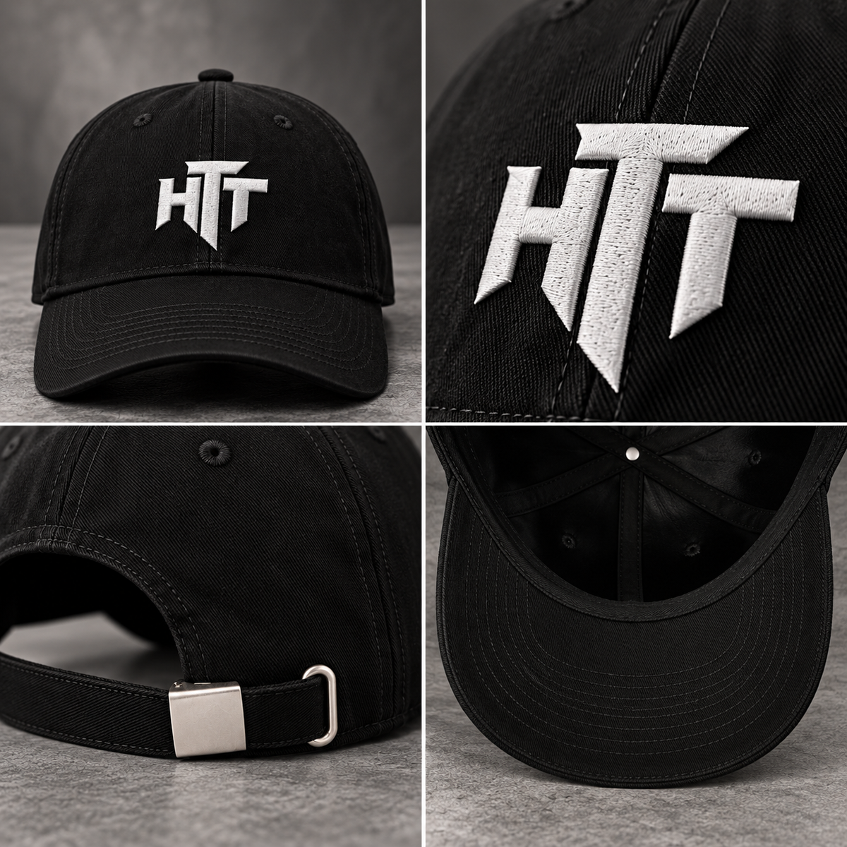 HTT Monogram Cap zwart – details van plat borduurwerk, verstelbare sluiting en katoenen constructie