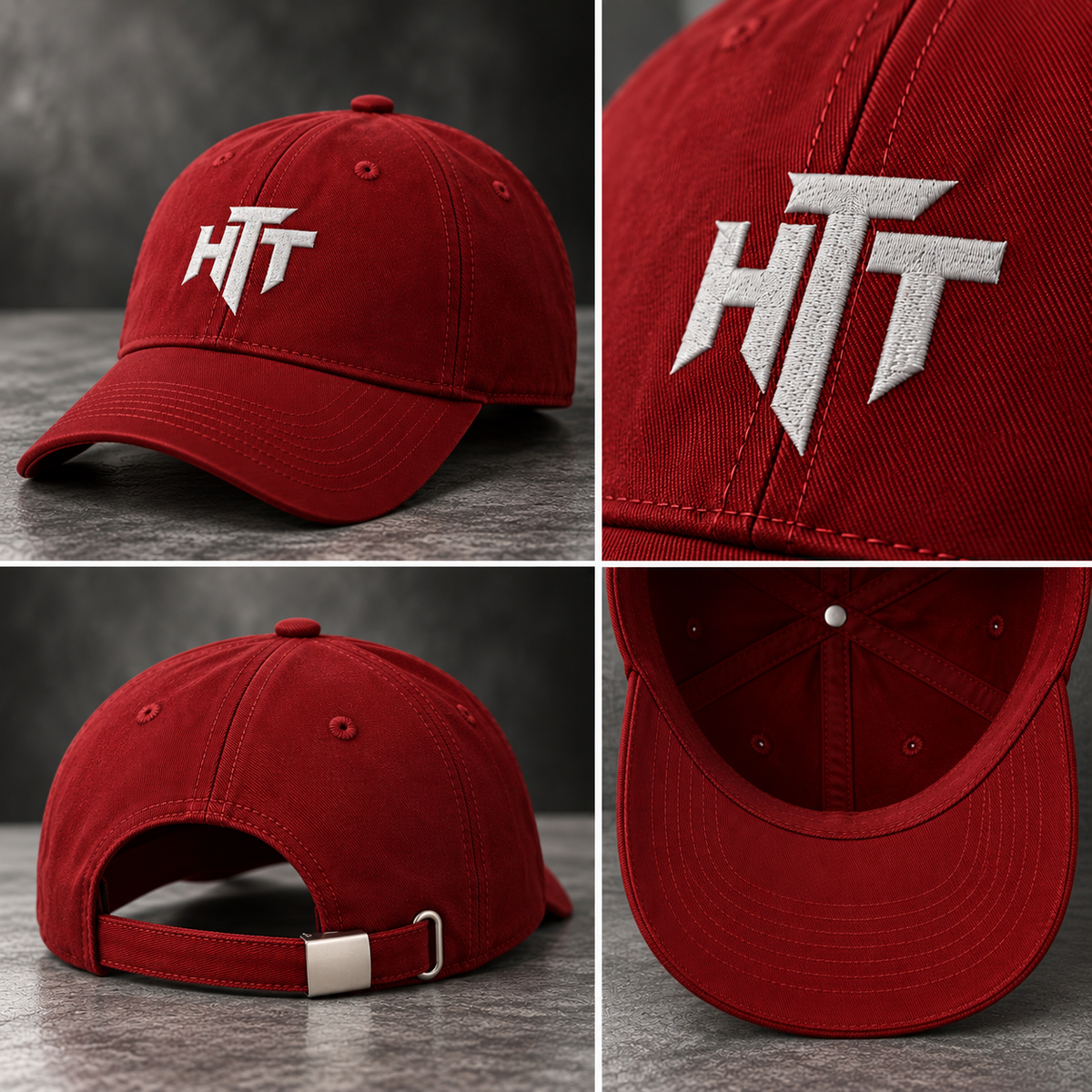 HTT Monogram Cap burgundy – details van plat borduurwerk, verstelbare sluiting en katoenen constructie