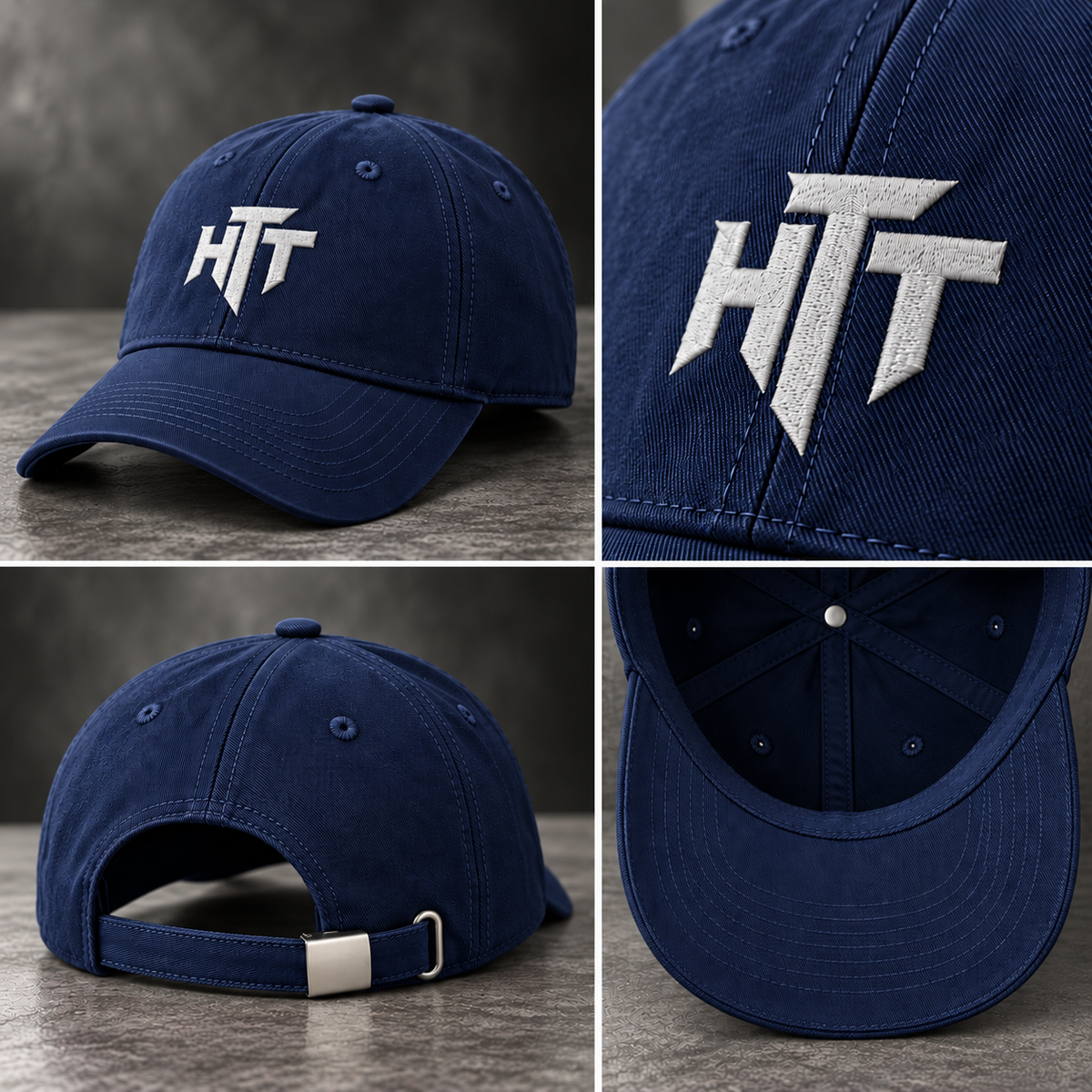 HTT Monogram Cap navy – details van HTT-borduurwerk, verstelbare metalen sluiting en katoenen constructie