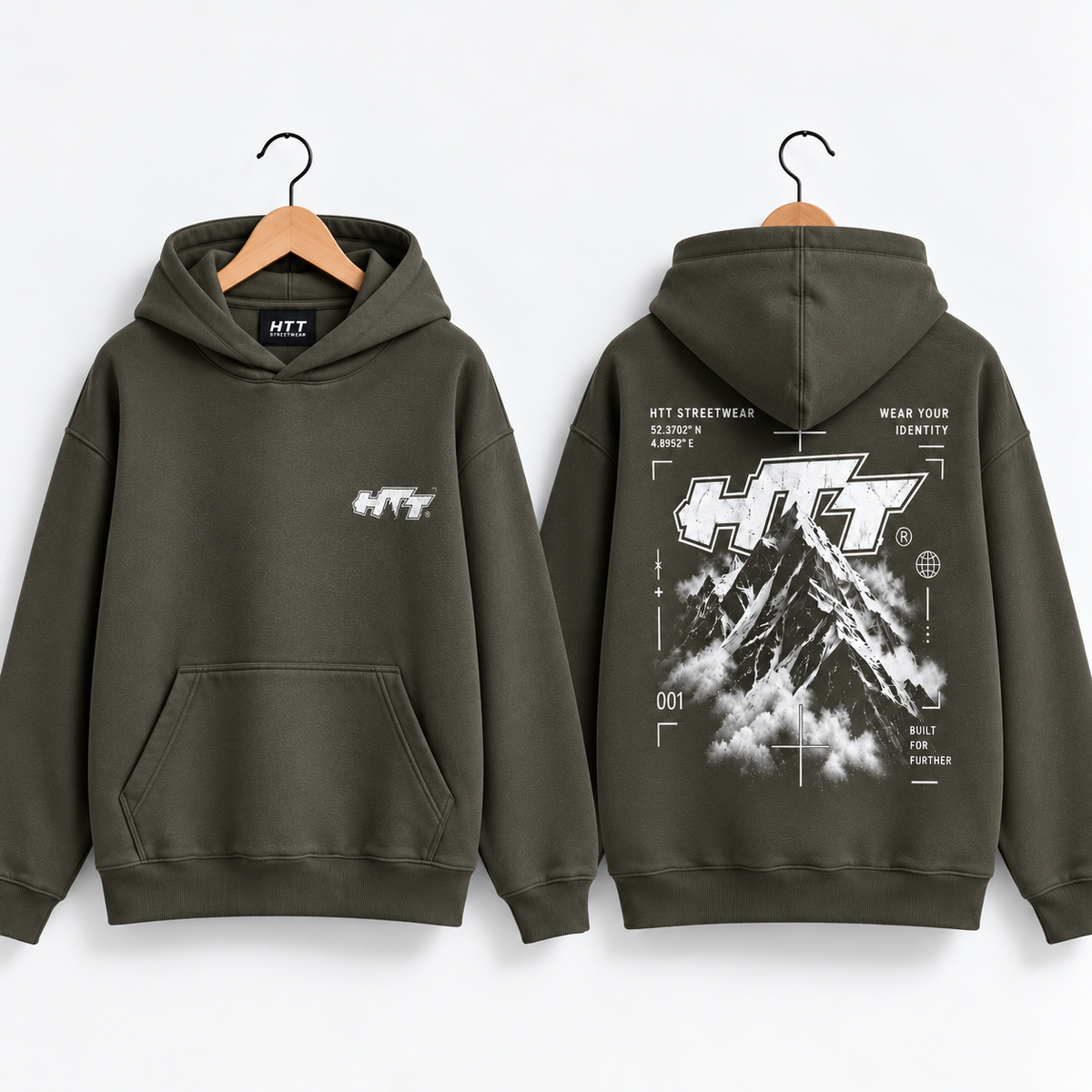HTT Mountain Peak Charcoal Grey hoodie front and back on wooden hangers, alpine mountain backprint