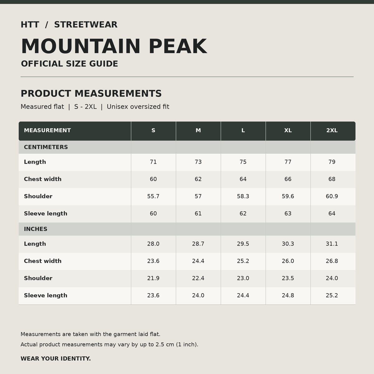 HTT Mountain Peak hoodie official size guide S to 2XL, measurements in centimeters and inches