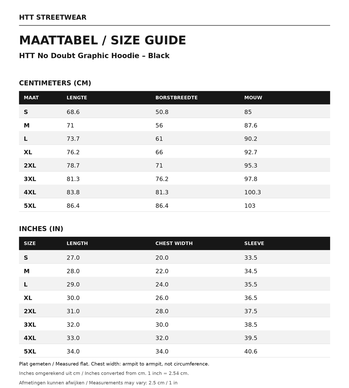 Maattabel / size guide HTT No Doubt Graphic Hoodie – Black: maten S–5XL, afmetingen in centimeters en inches.