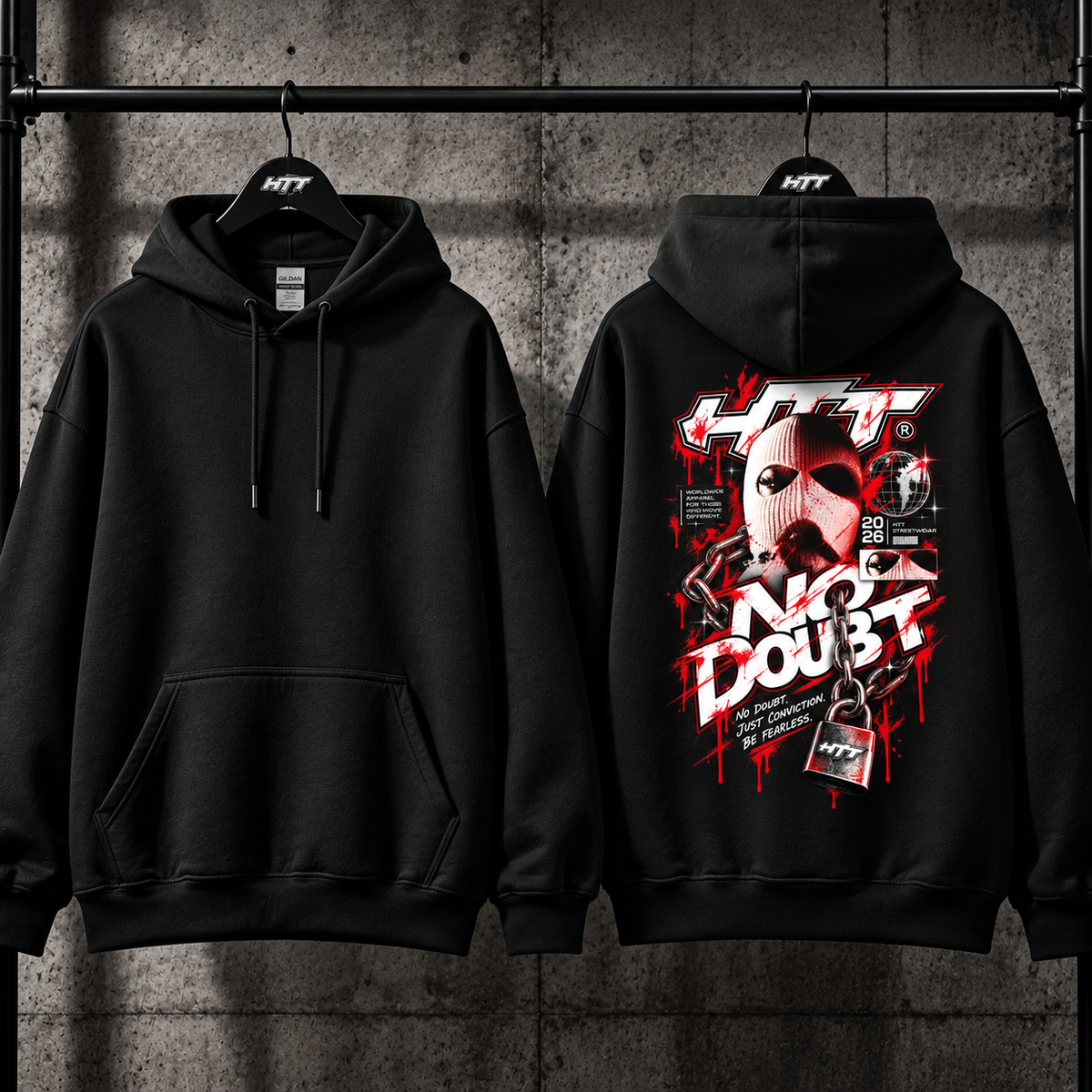 HTT No Doubt graphic hoodie black – front and back hanger view