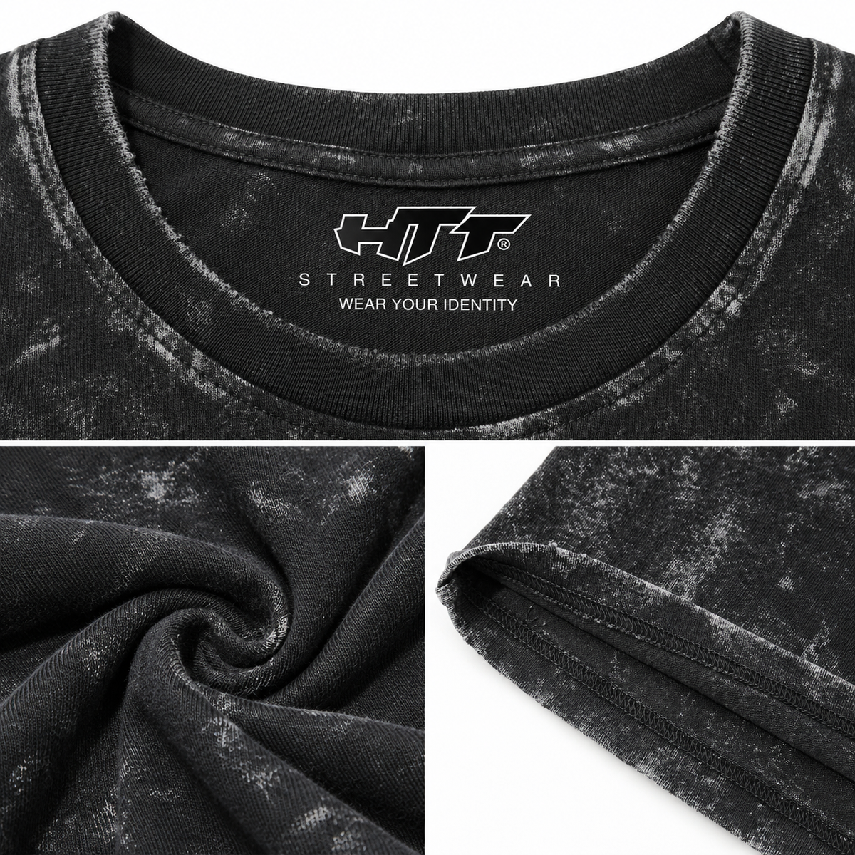 Detailcollage van het HTT Open Your Eyes T-shirt met HTT Streetwear-nekprint, washed-black stof en zoomafwerking.