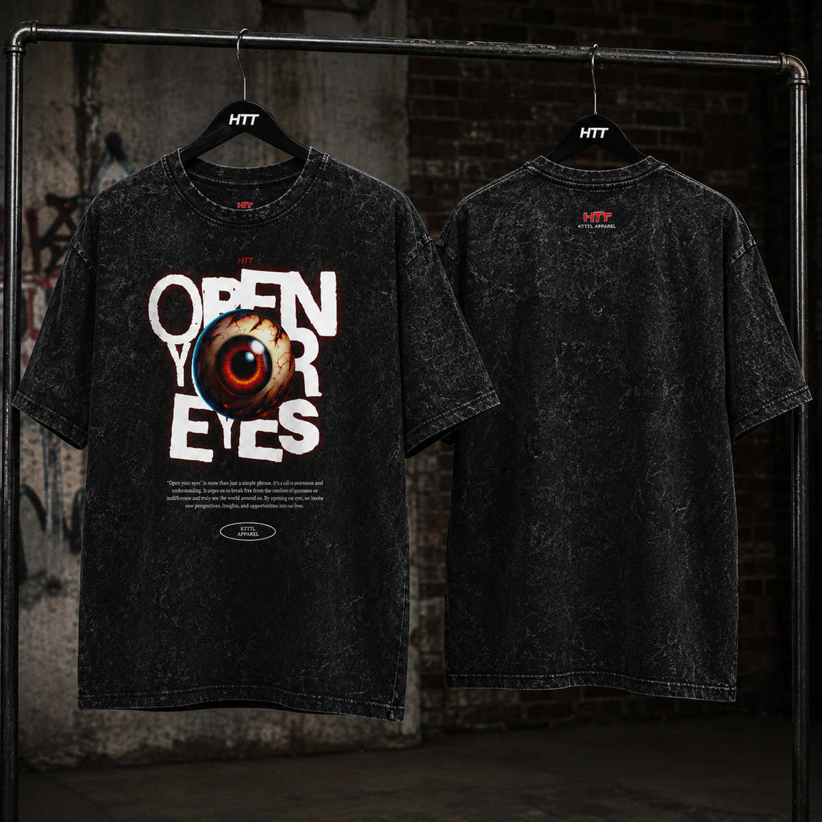 HTT Open Your Eyes snow wash oversized T-shirt front and back hanger product photo
