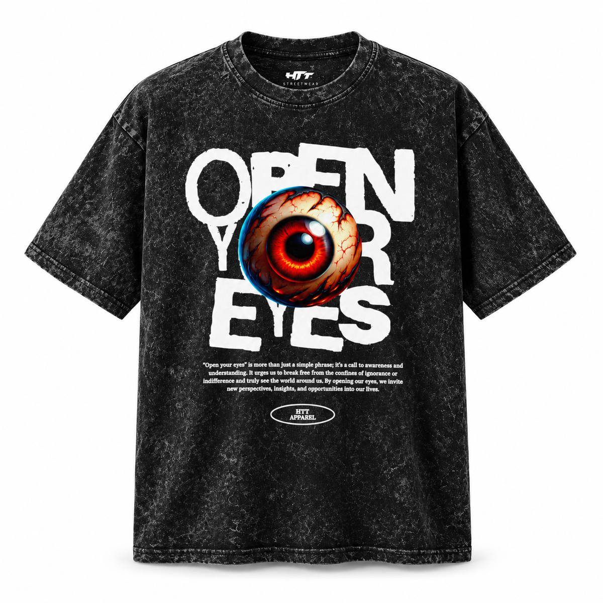 HTT Open Your Eyes oversized T-shirt in washed black met witte tekstprint en rood oog, vooraanzicht op een witte achtergrond.