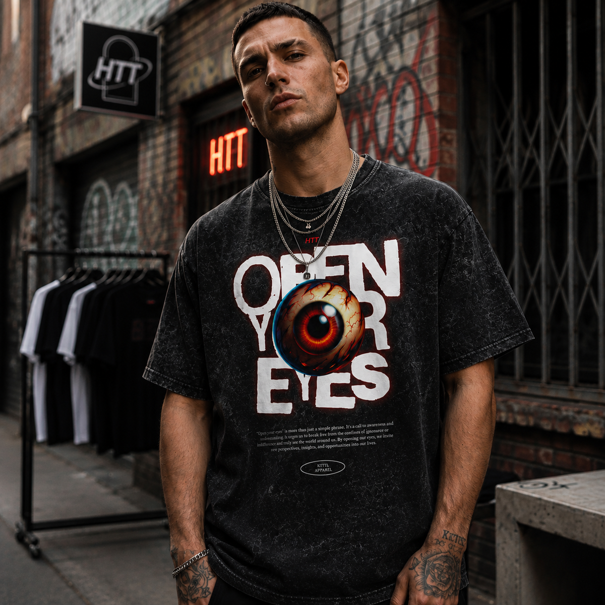 HTT Open Your Eyes oversized snow wash T-shirt male streetwear model