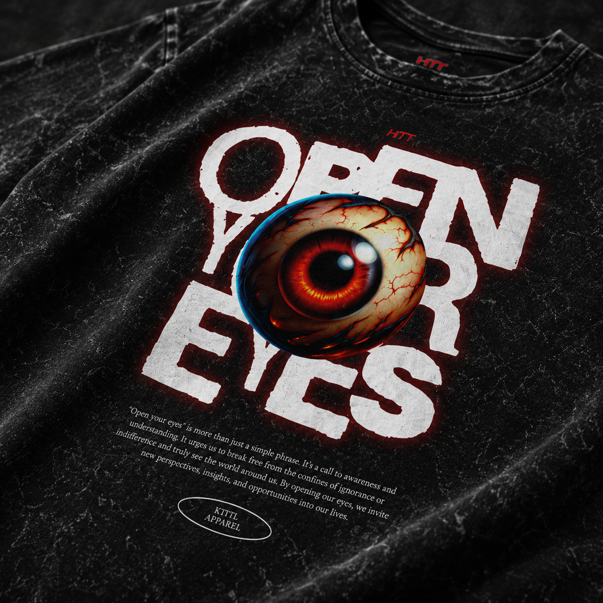 HTT Open Your Eyes T-shirt close-up eye graphic and snow wash fabric detail