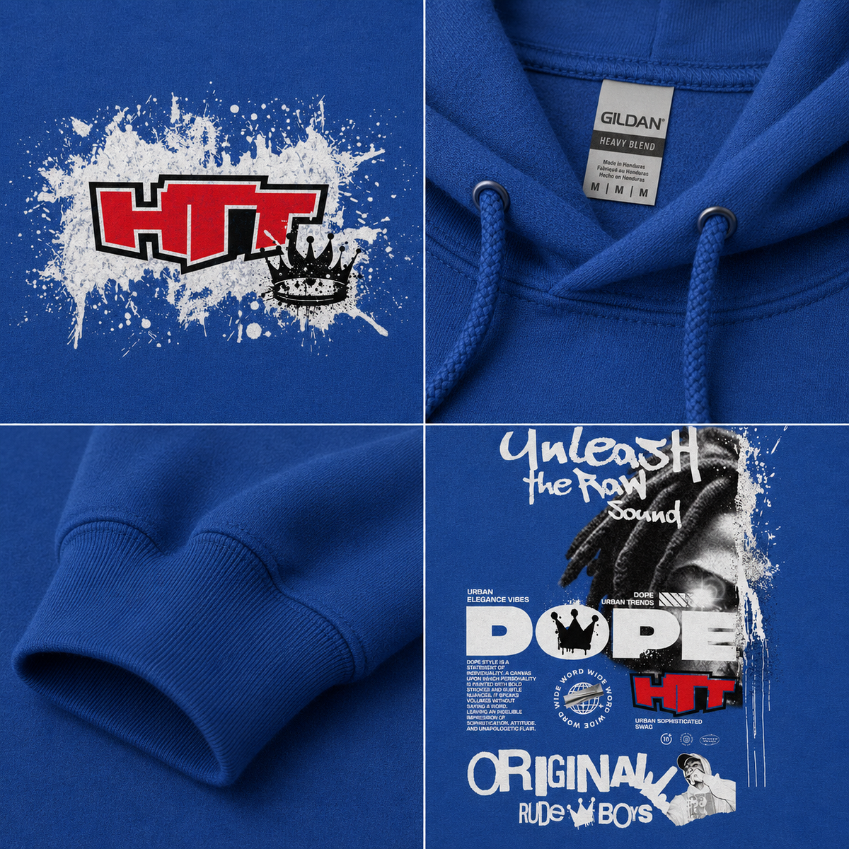 HTT Original Rude Boy Hoodie Royal Blue detailfoto met front- en backprint, capuchon en manchetdetail