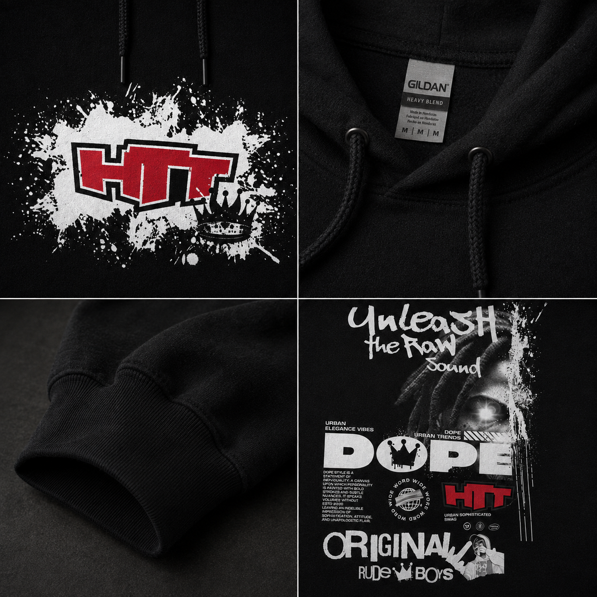 HTT Original Rude Boys Heavy Hoodie zwart - details van print, capuchon en manchetten