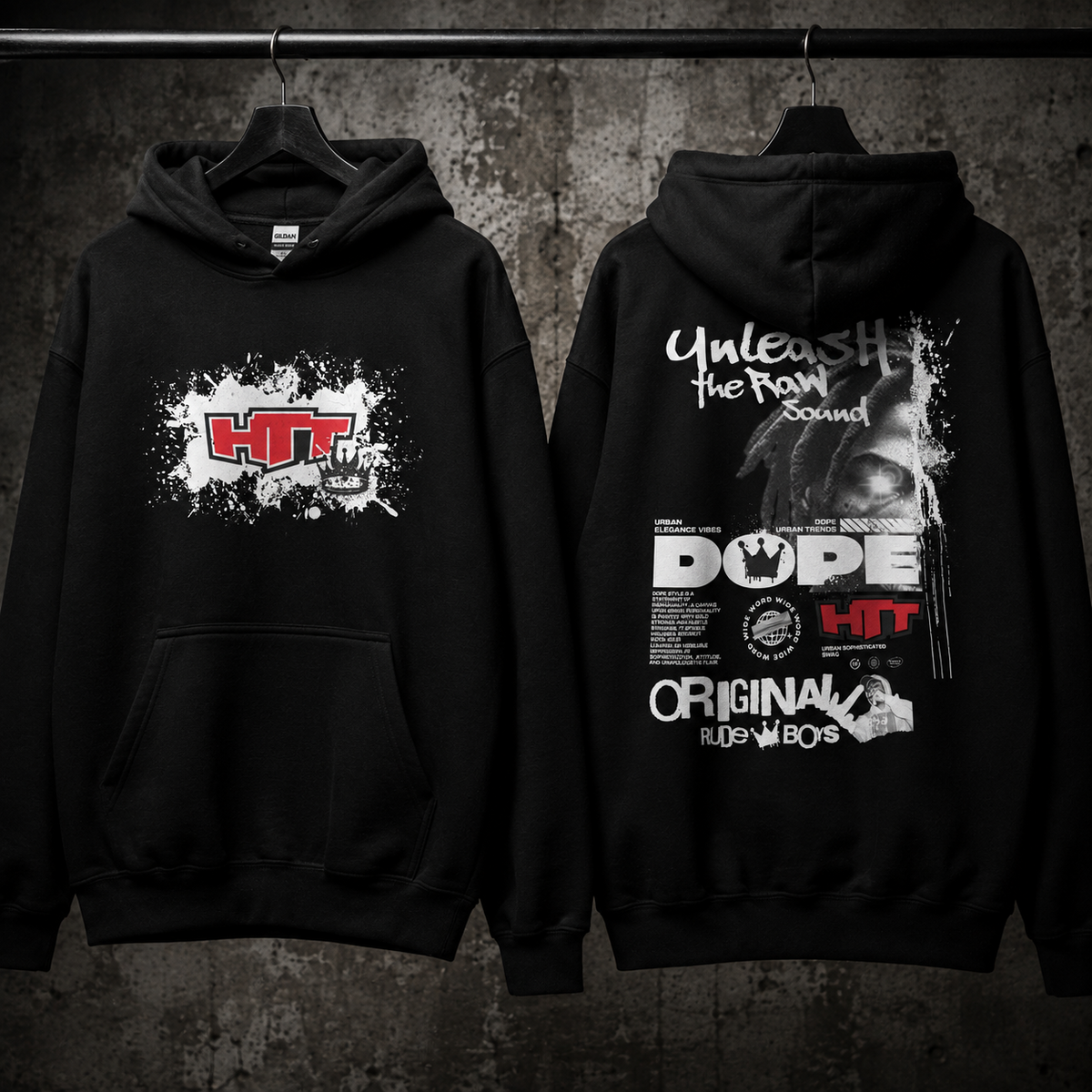HTT Original Rude Boys Heavy Hoodie zwart - voor- en achterkant op hanger