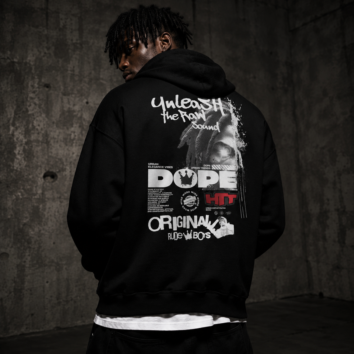 HTT Original Rude Boys Heavy Hoodie zwart - achterkant op model
