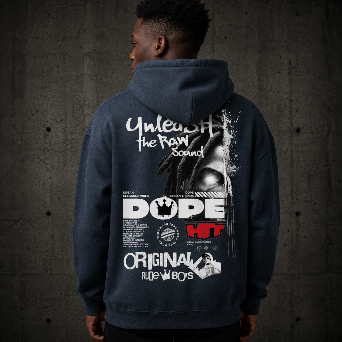 HTT Original Rude Boys Heavy Hoodie Heather Sport Dark Navy - achterkant op model met Original Rude Boys graphic