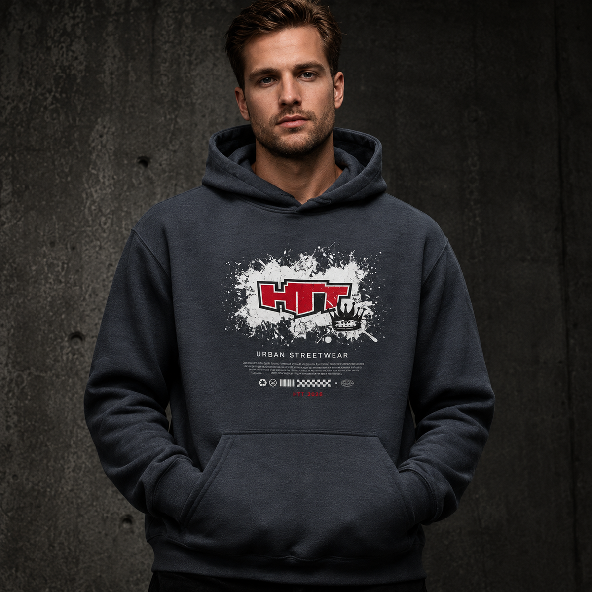 HTT Original Rude Boys Heavy Hoodie Heather Sport Dark Navy - voorkant op model met HTT Urban Streetwear graphic