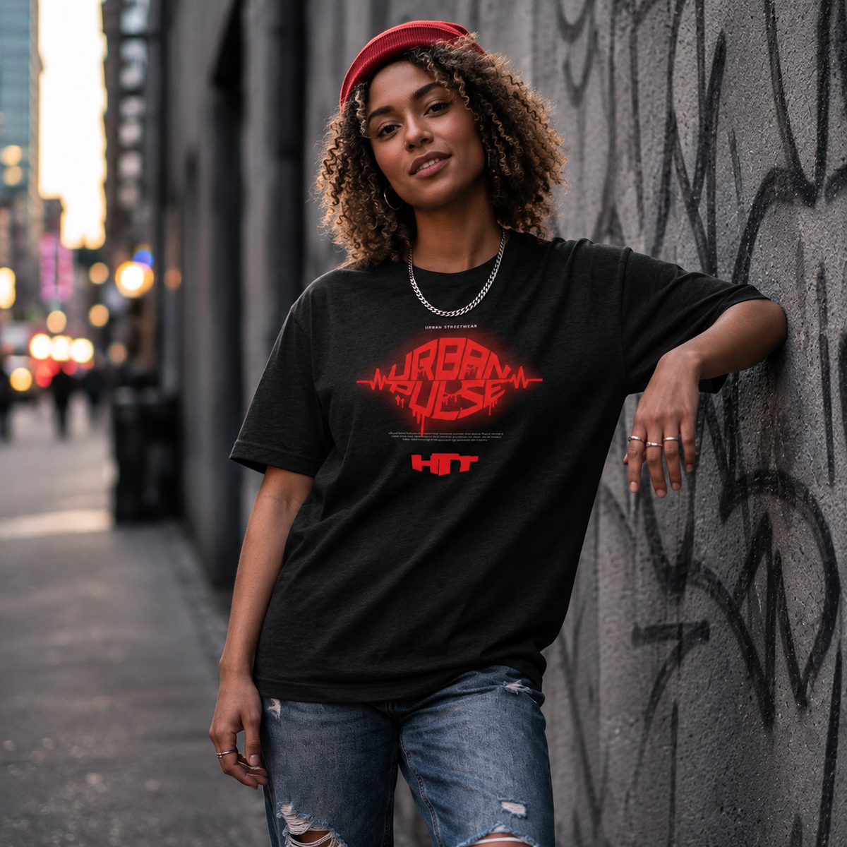 HTT Pulse Unisex-T-Shirt, schwarze Streetwear, weibliches Model, roter Frontprint