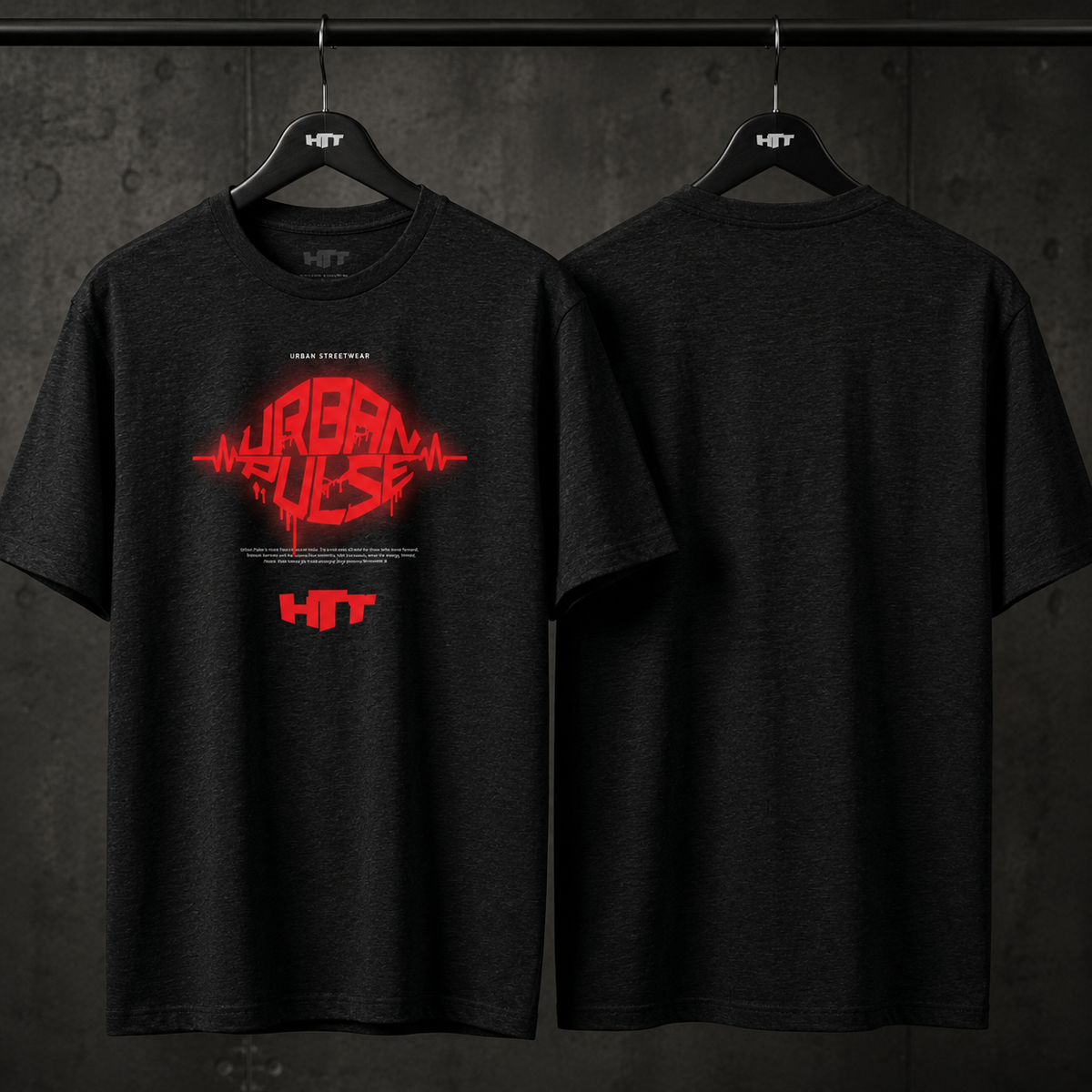 HTT Pulse Unisex-T-Shirt, schwarzer Kleiderbügel, Produktfoto von Vorder- und Rückseite
