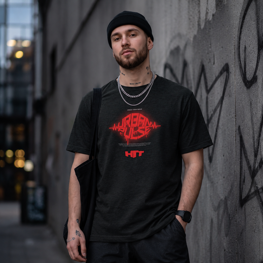 HTT Pulse unisex T-shirt, black streetwear, male model, red front print