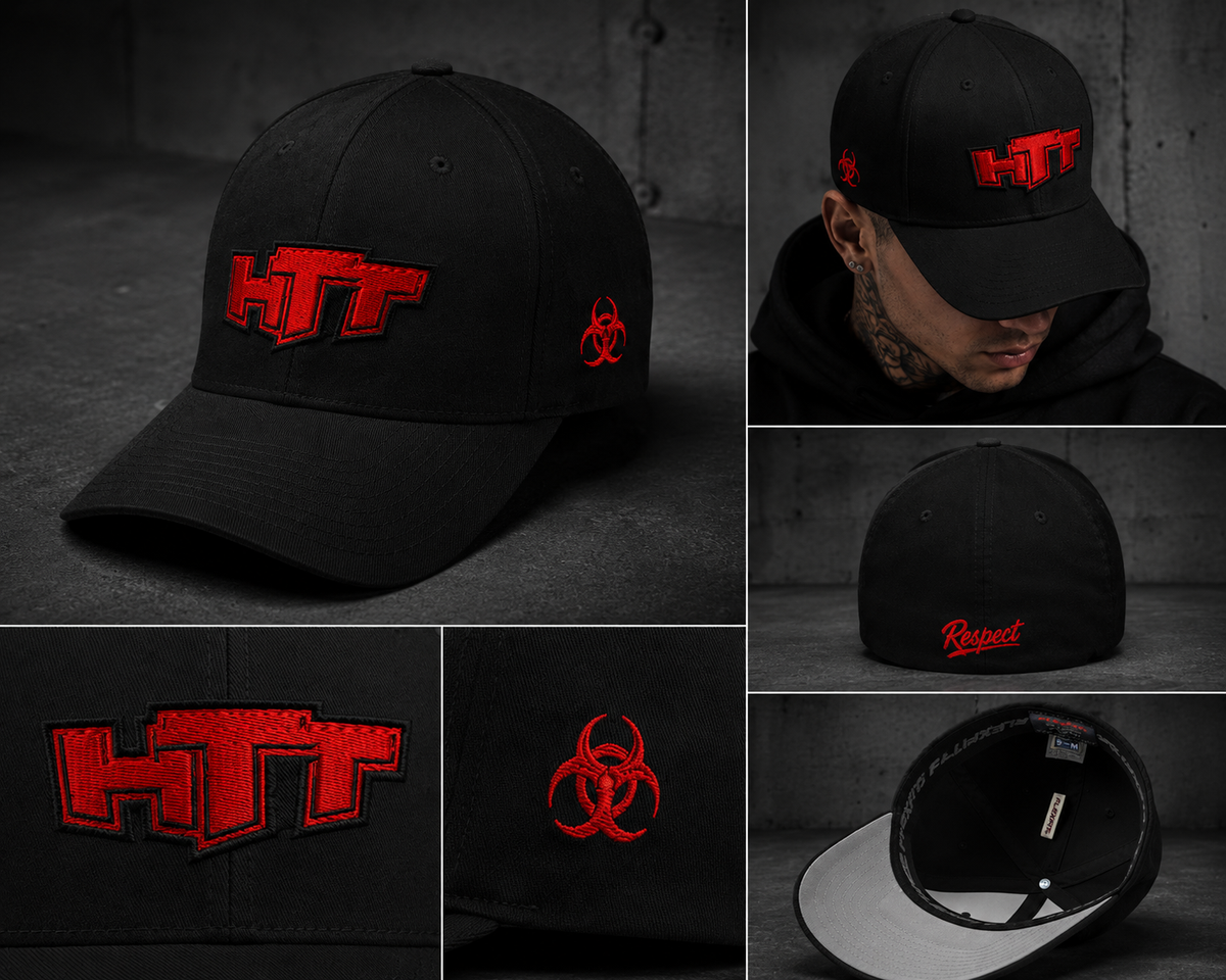 HTT Respect Structured Cap zwart collage met model voorzijde achterkant Respect en details