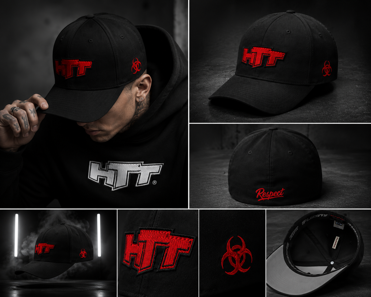 HTT Respect Structured Cap zwart lifestyle collage met model borduurdetails en binnenzijde