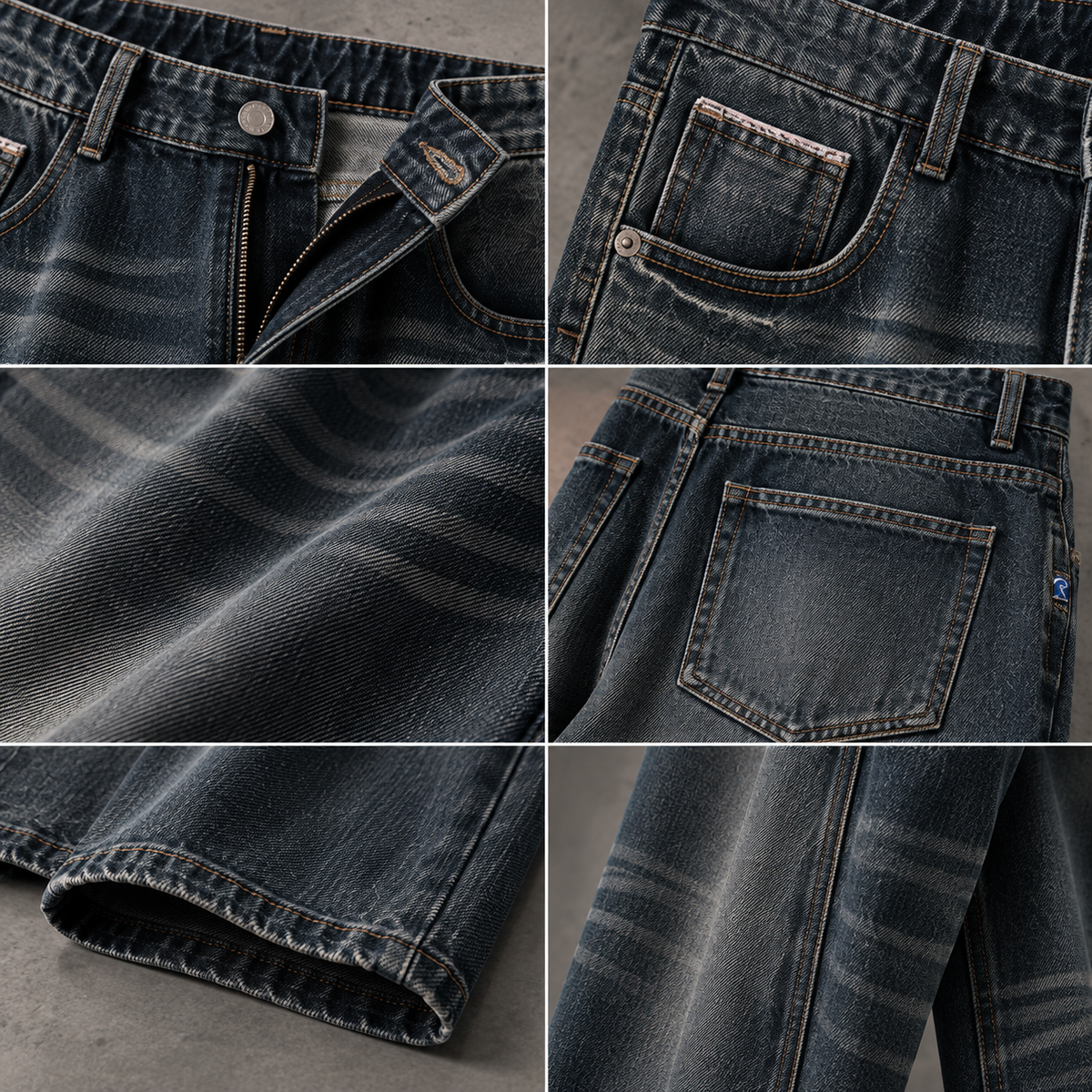 Jean en denim bleu-gris sélectionné par HTT – gros plan sur les détails du denim en coton, les coutures, les poches et la finition délavée