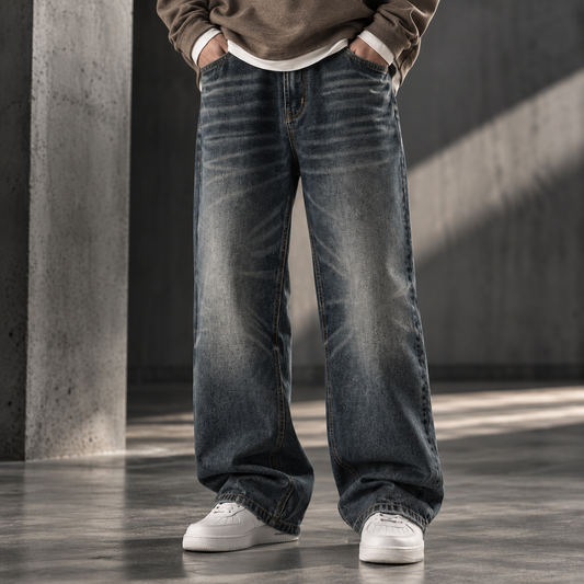 HTT SELECTED Blue Gray Denim Jeans – loose fit front view editorial streetwear look
