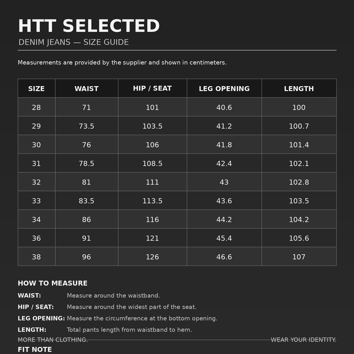 Guide des tailles du jean en denim bleu gris HTT SELECTED – mesures du tour de taille, des hanches, de l’ouverture de jambe et de la longueur pour les tailles 28 à 38