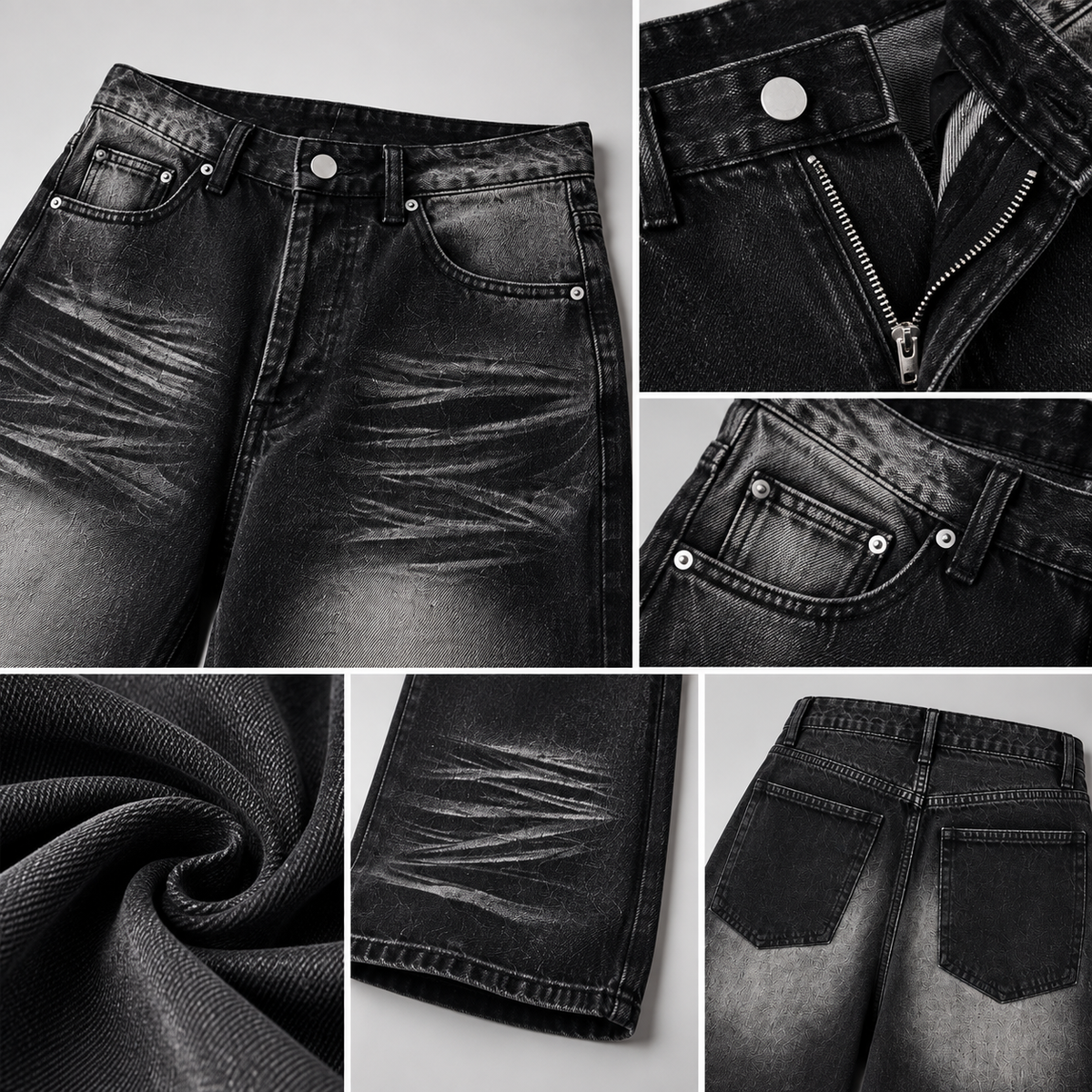 Jean ample noir délavé HTT SELECTED – délavage du denim, gros plans sur les poches, les coutures et les détails