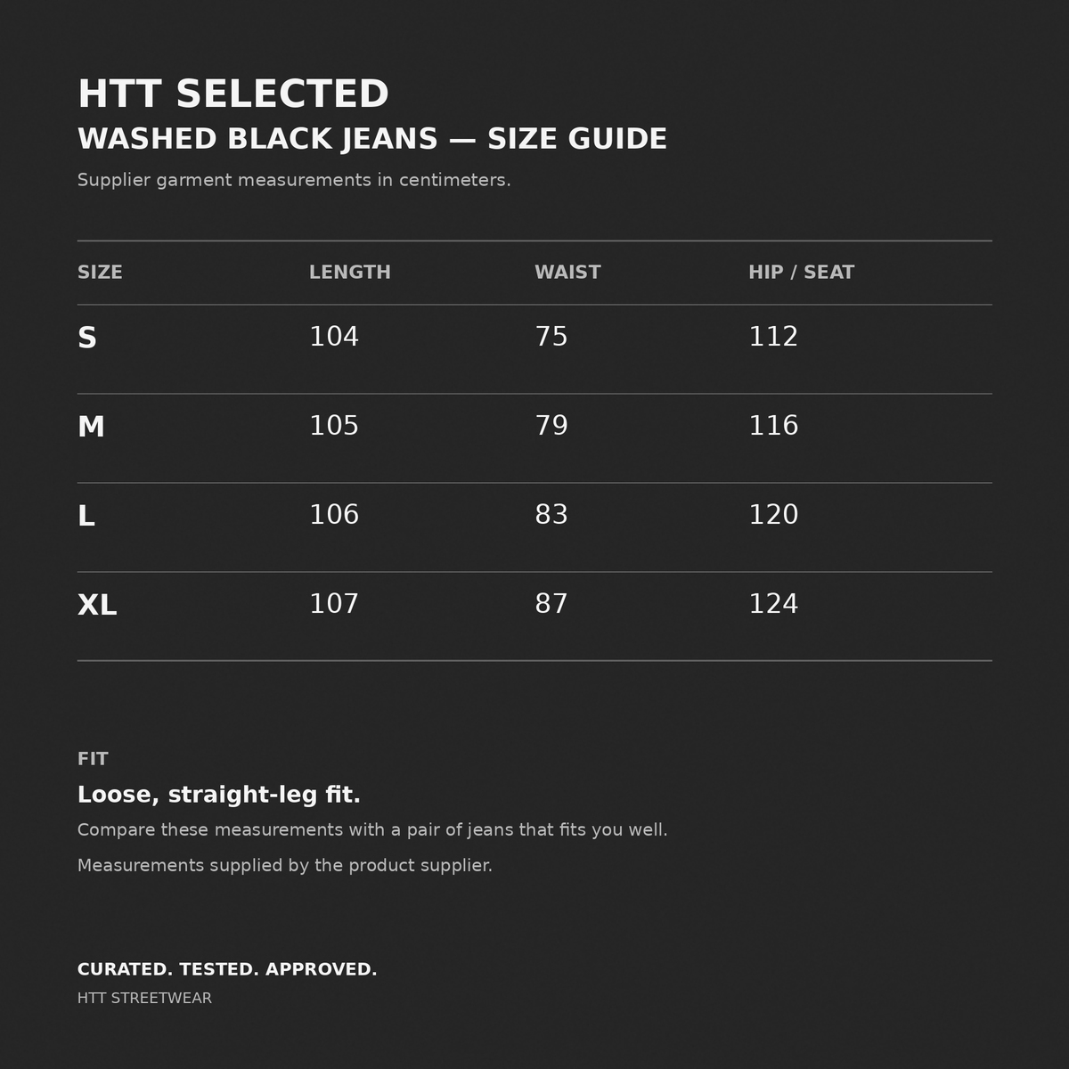 Guide des tailles des jeans HTT SELECTED noirs délavés à coupe ample – mesures du vêtement en centimètres, de S à XL