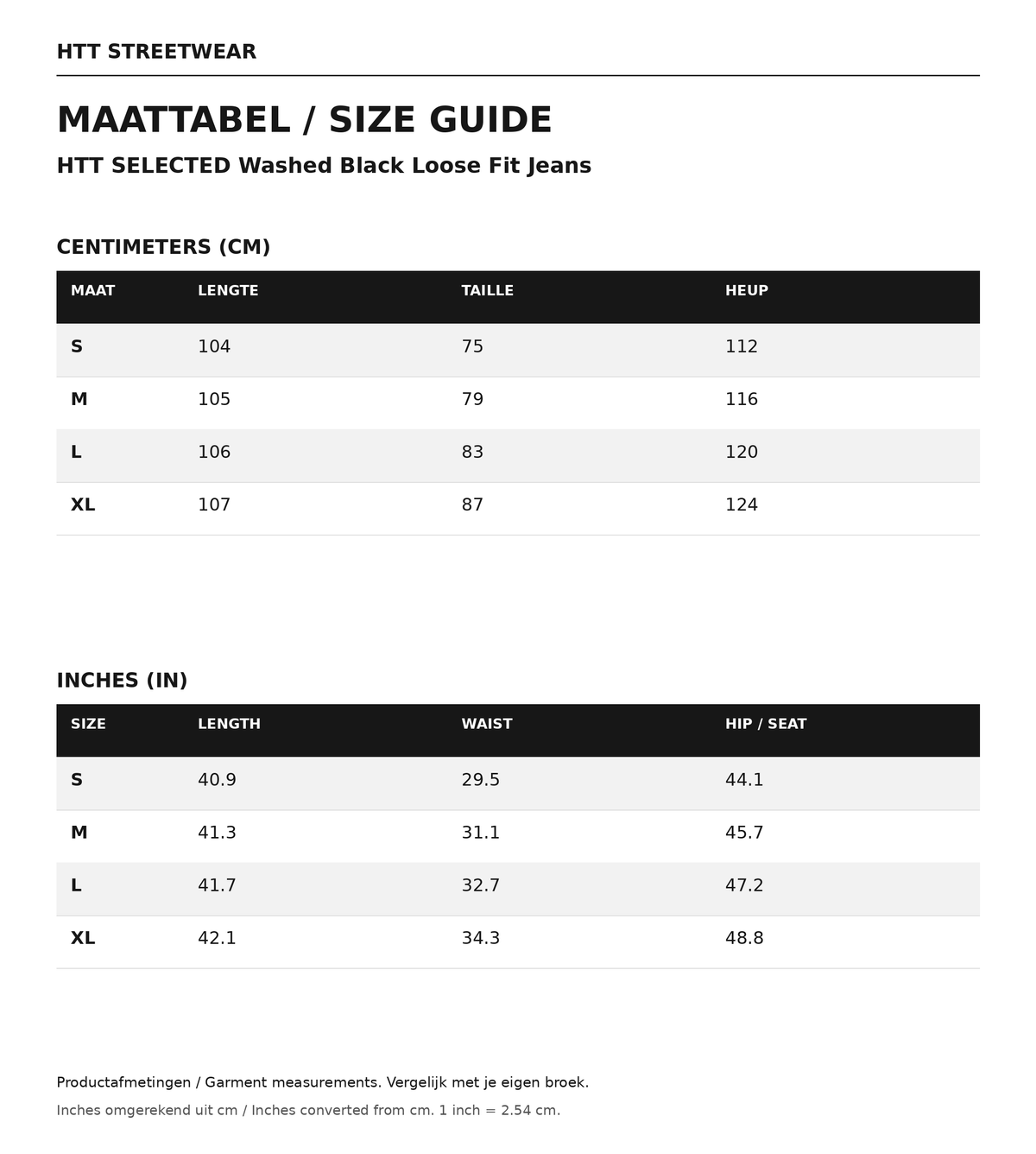 Maattabel / size guide HTT SELECTED Washed Black Loose Fit Jeans: maten S–XL, afmetingen in centimeters en inches.