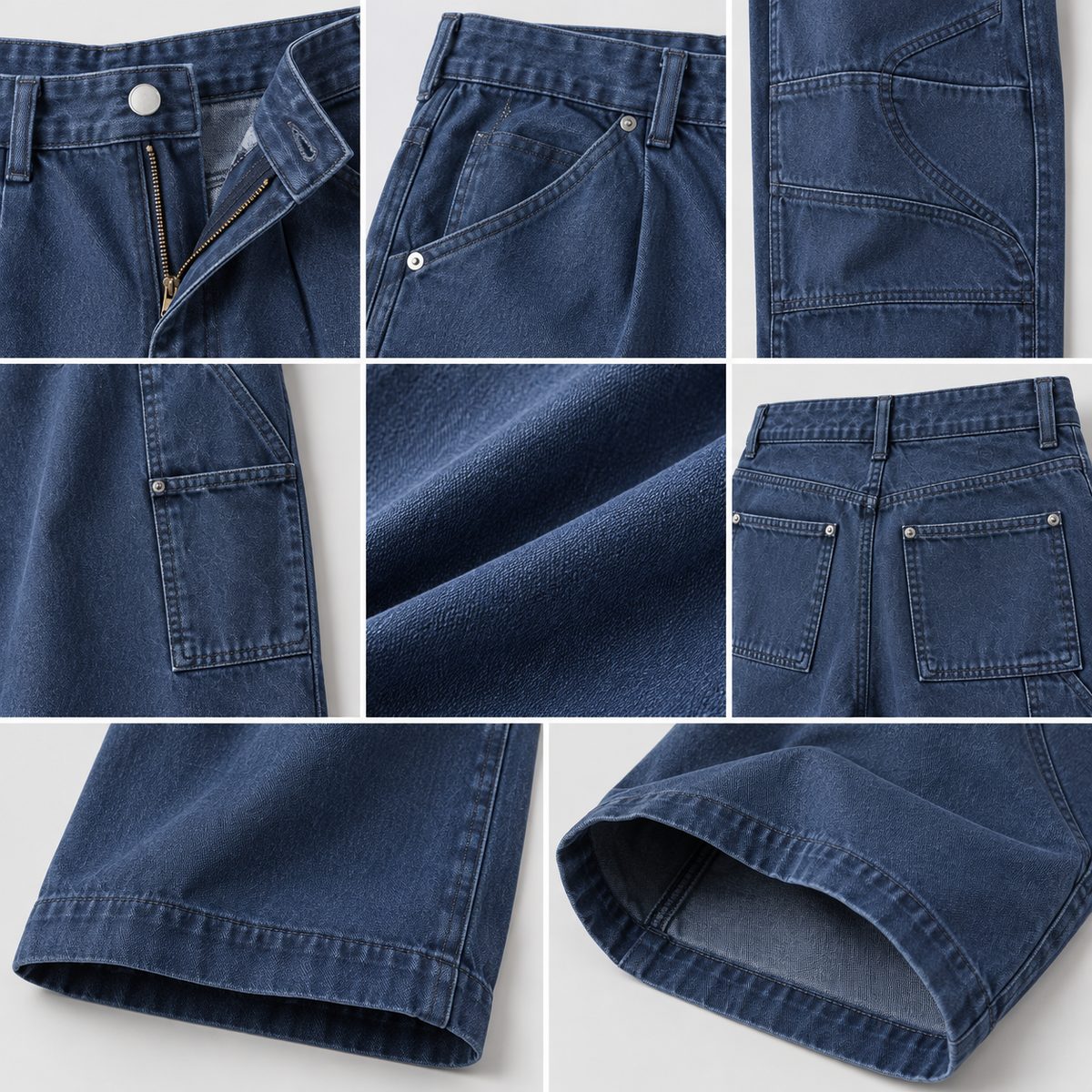 HTT SELECTED Washed Blue Workwear Pants details van denim, naden, zakken en afwerking