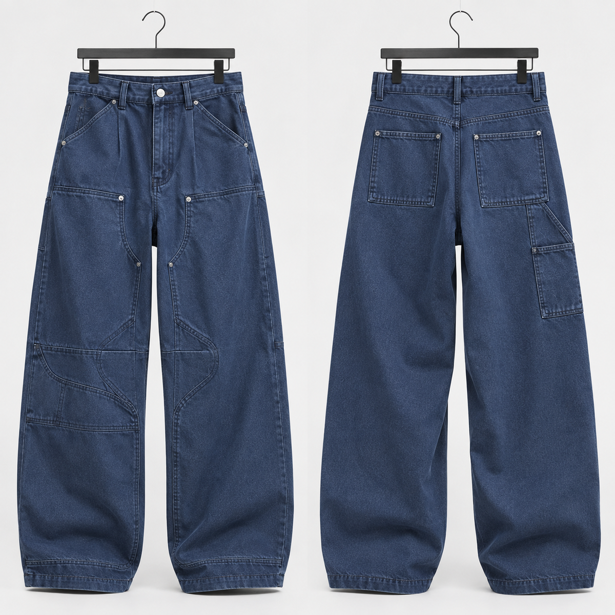 HTT SELECTED Washed Blue Workwear Pants voor- en achterkant op hanger