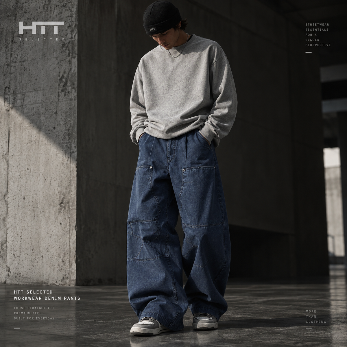 HTT SELECTED Washed Blue Workwear Pants loose fit heren streetwear voorkant