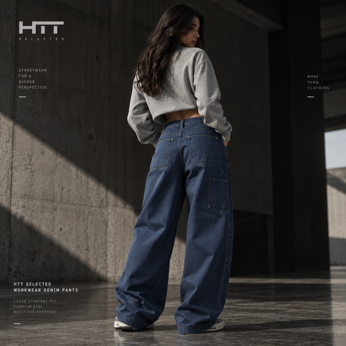 HTT SELECTED Washed Blue Workwear Pants – women's back editorial streetwear view