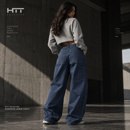 HTT SELECTED Washed Blue Workwear Pants – women's back editorial streetwear view