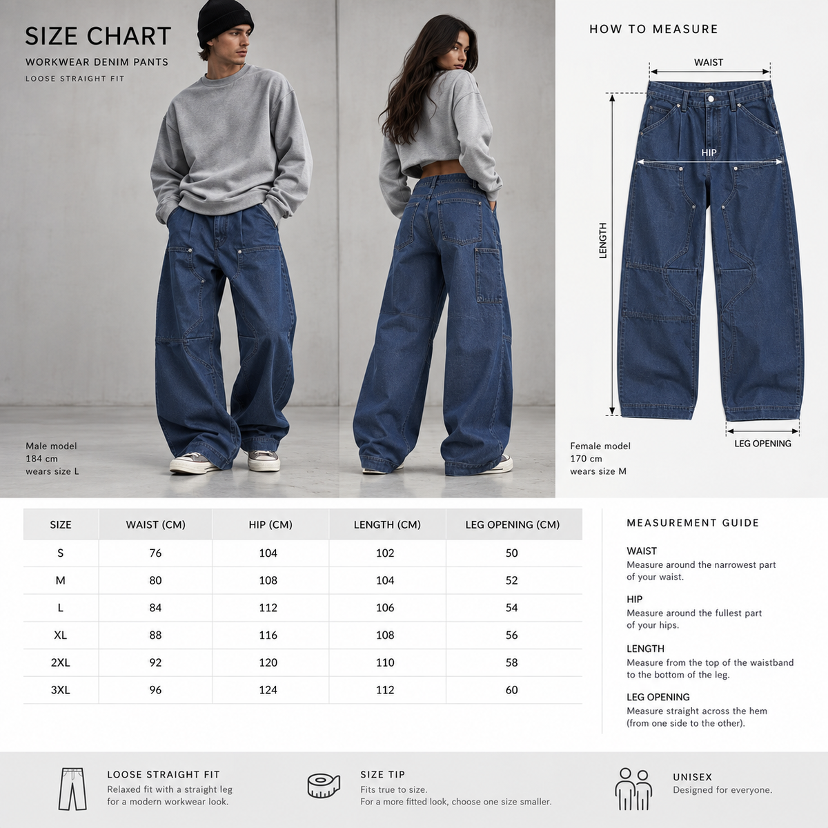Maattabel HTT SELECTED Washed Blue Workwear Pants maten S tot en met 3XL