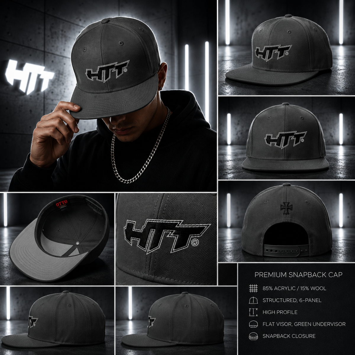 HTT Signature Snapback charcoal gray collage with front, back, interior and embroidery details