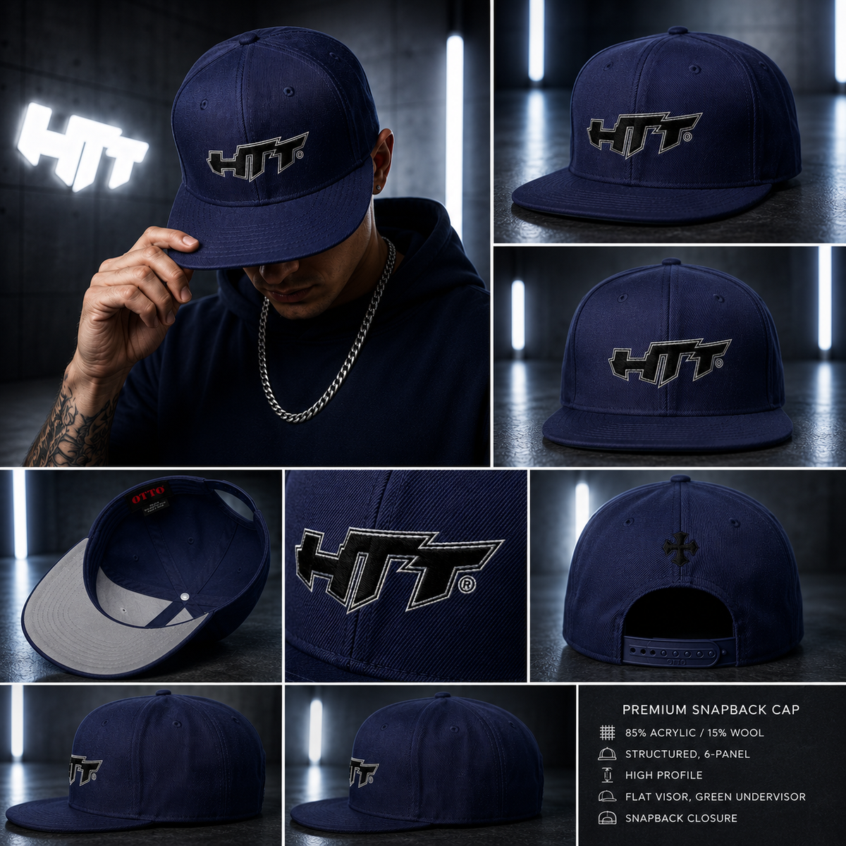 HTT Signature Snapback navy blue collage with front, back, interior and embroidery details