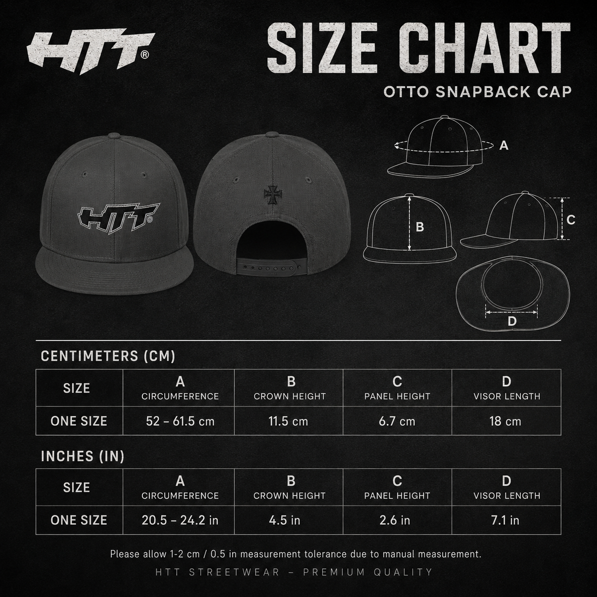 HTT Signature Snapback size chart in centimeters and inches for one-size adjustable fit