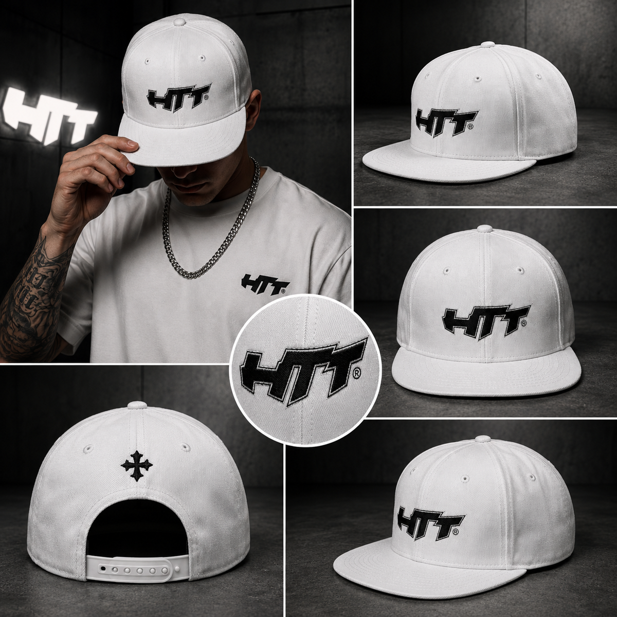 HTT Signature Snapback white product collage showing front, back, side and embroidery details