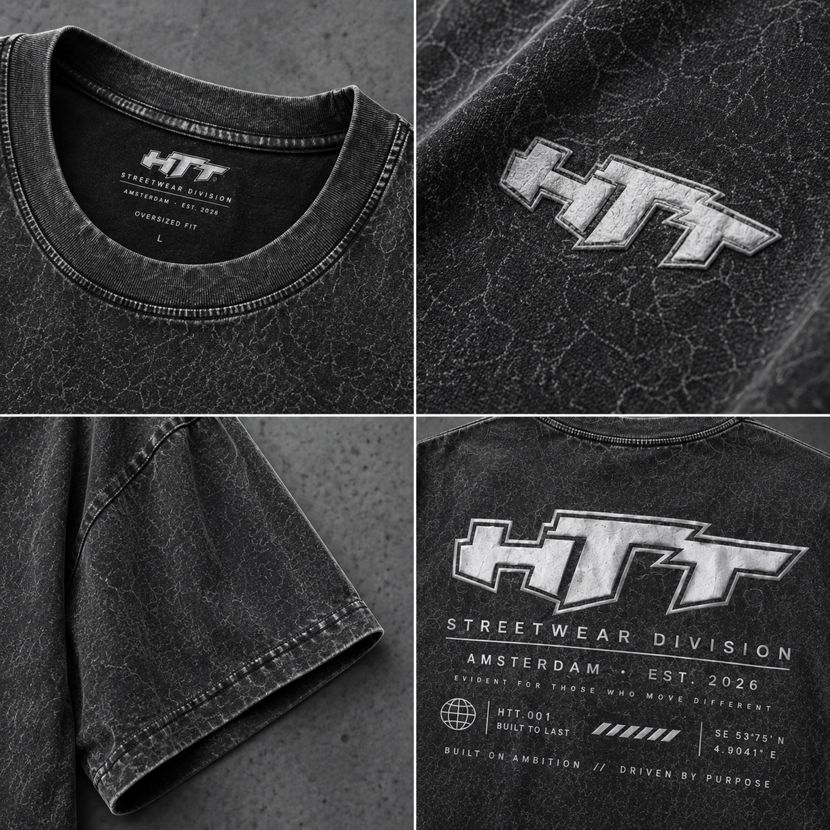 HTT Snow Wash Premium T-Shirt – details van kraag, logo, mouw en rugprint