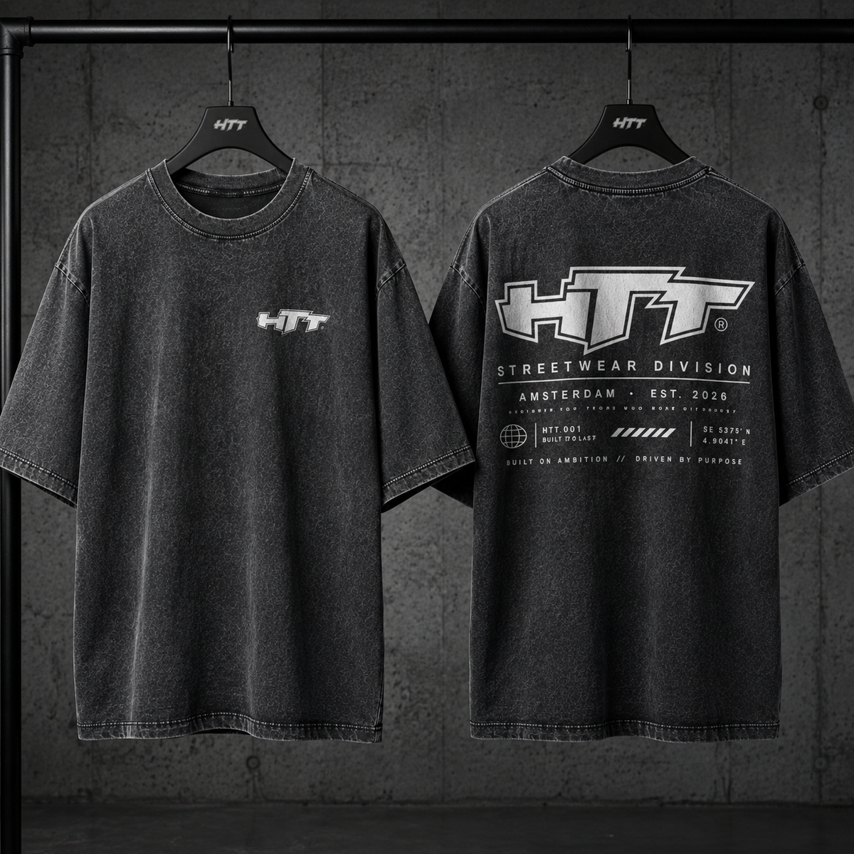 HTT Snow Wash Premium T-Shirt – hangerfoto voor- en achterkant
