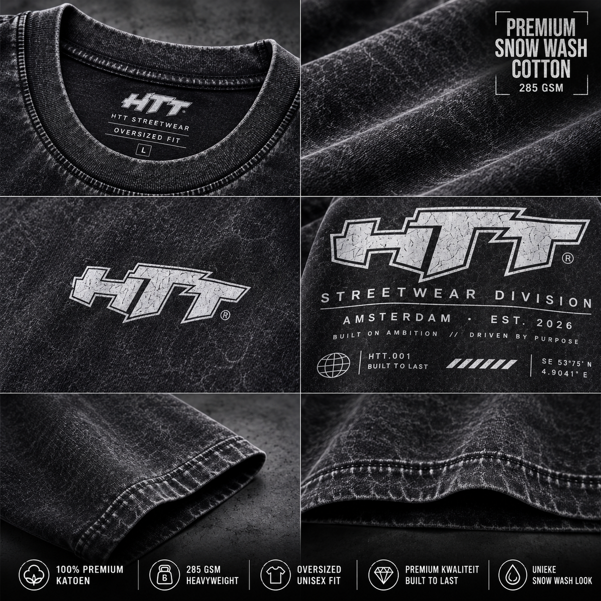 HTT Snow Wash Premium T-Shirt – 285 GSM katoen, oversized fit en snow wash details