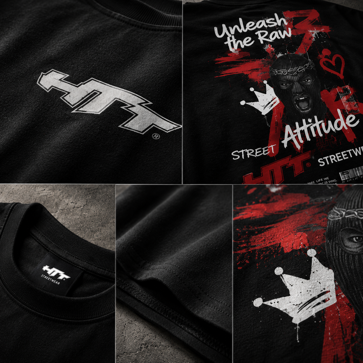 HTT Street Attitude oversized T-shirt detail collage with front logo, backprint, fabric and stitching