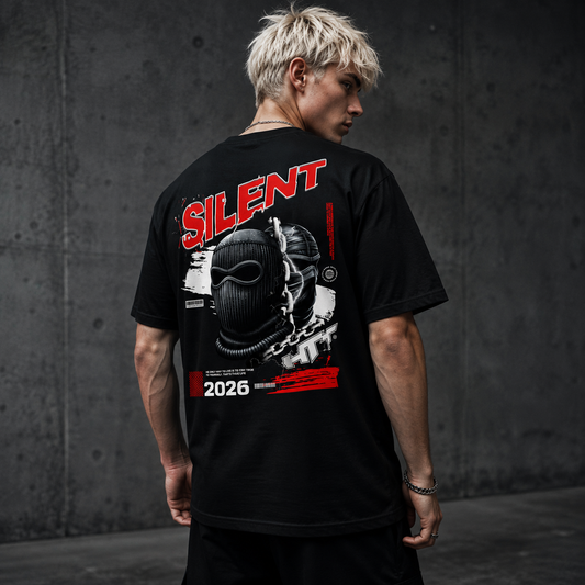 HTT Streetlive T-Shirt black hero back on model with Silent 2026 backprint