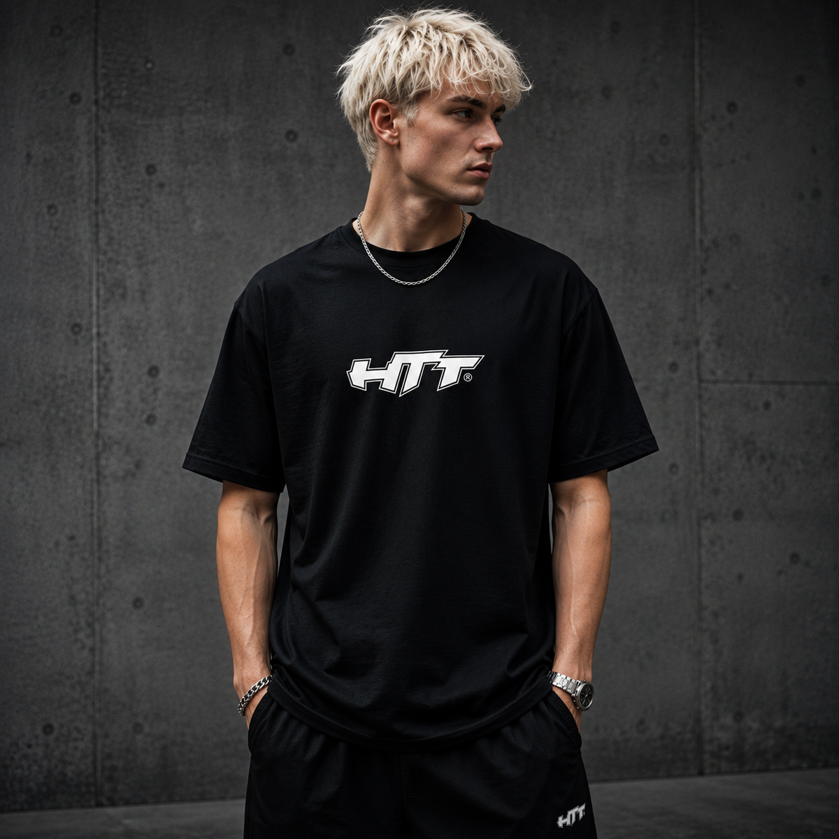 HTT Streetlive T-Shirt black front on model with white HTT chest logo
